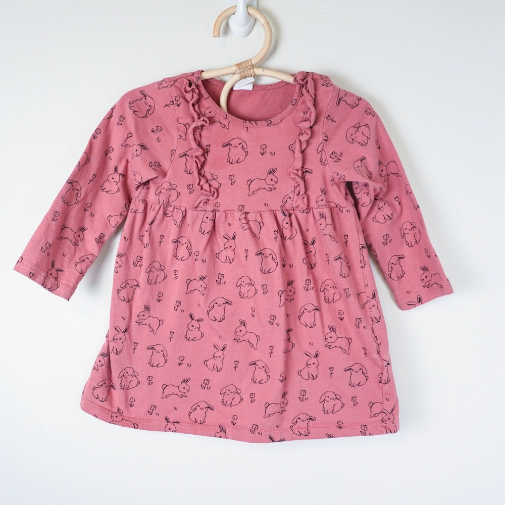 H&M Bunny Print Ruffle Dress Kids 12-18M Pink Long Sleeve Cotton Jersey